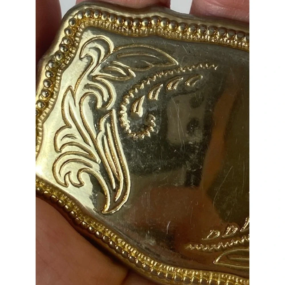 Vintage Western Gold Tone Floral Engraved Scalloped Belt Buckle Cowboy Paisley